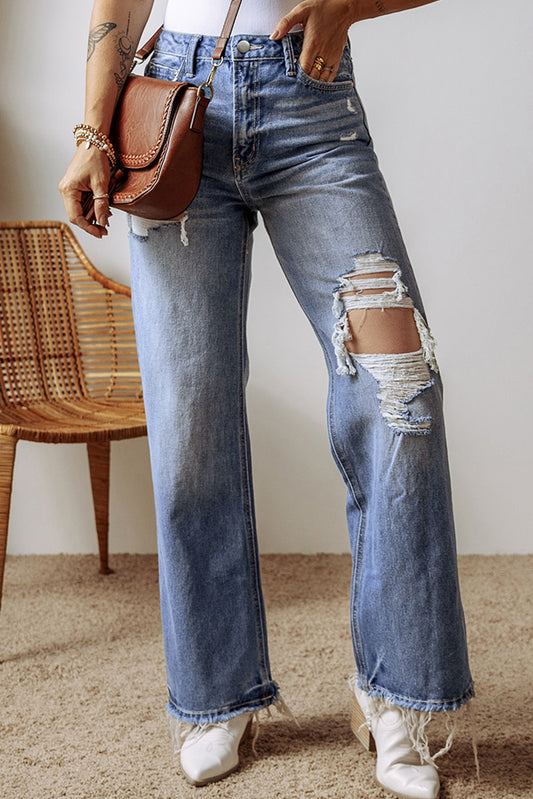 Distressed Raw Hem Straight Leg High Waist Jeans