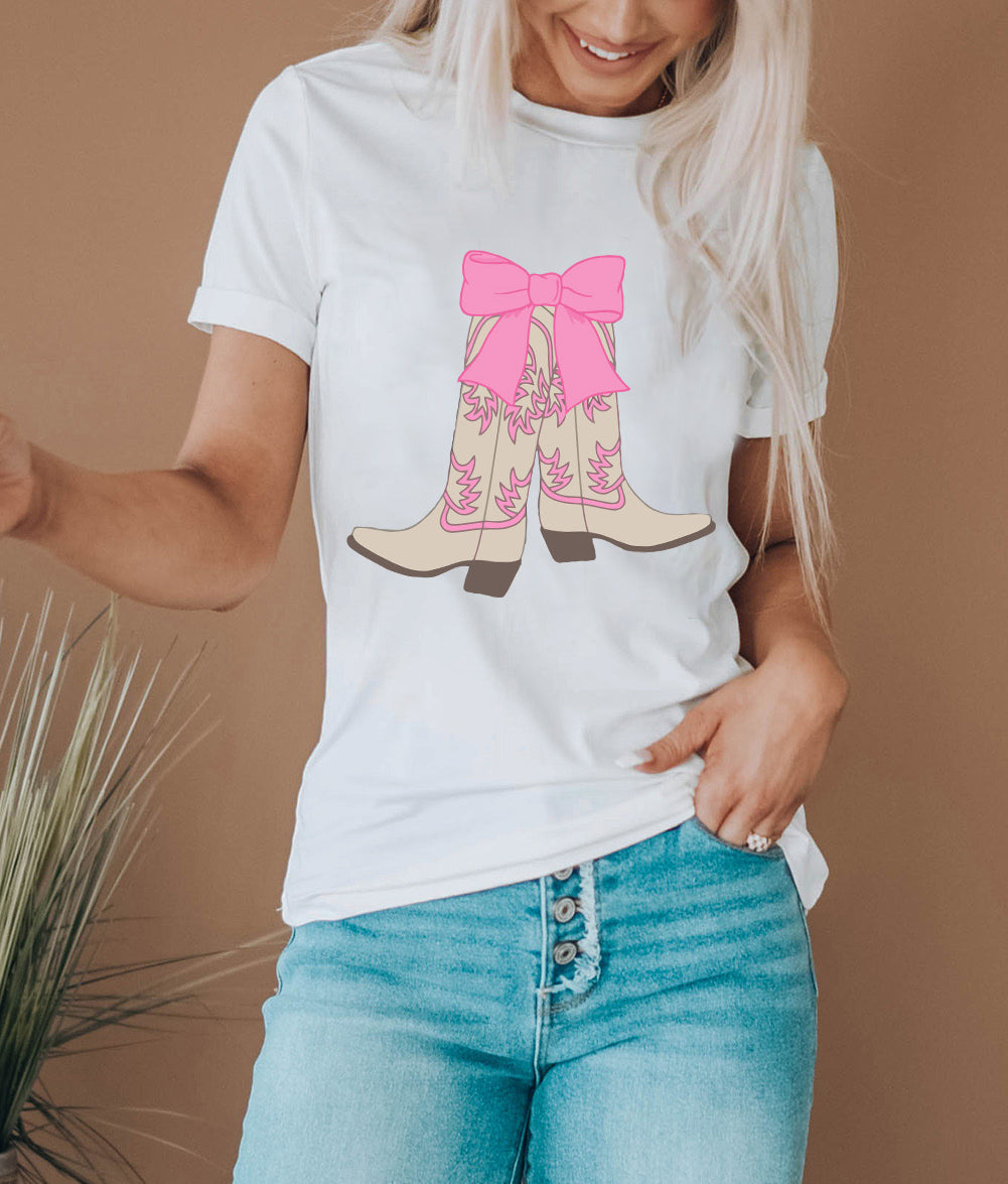 Western Boots Bow Print Round Neck T Shirt