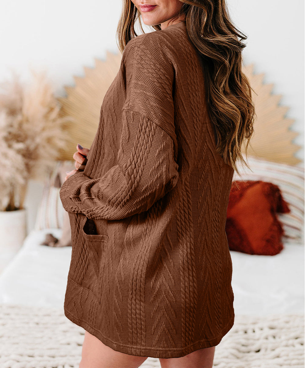 Solid Textured Open Front Cardigan with Pocket