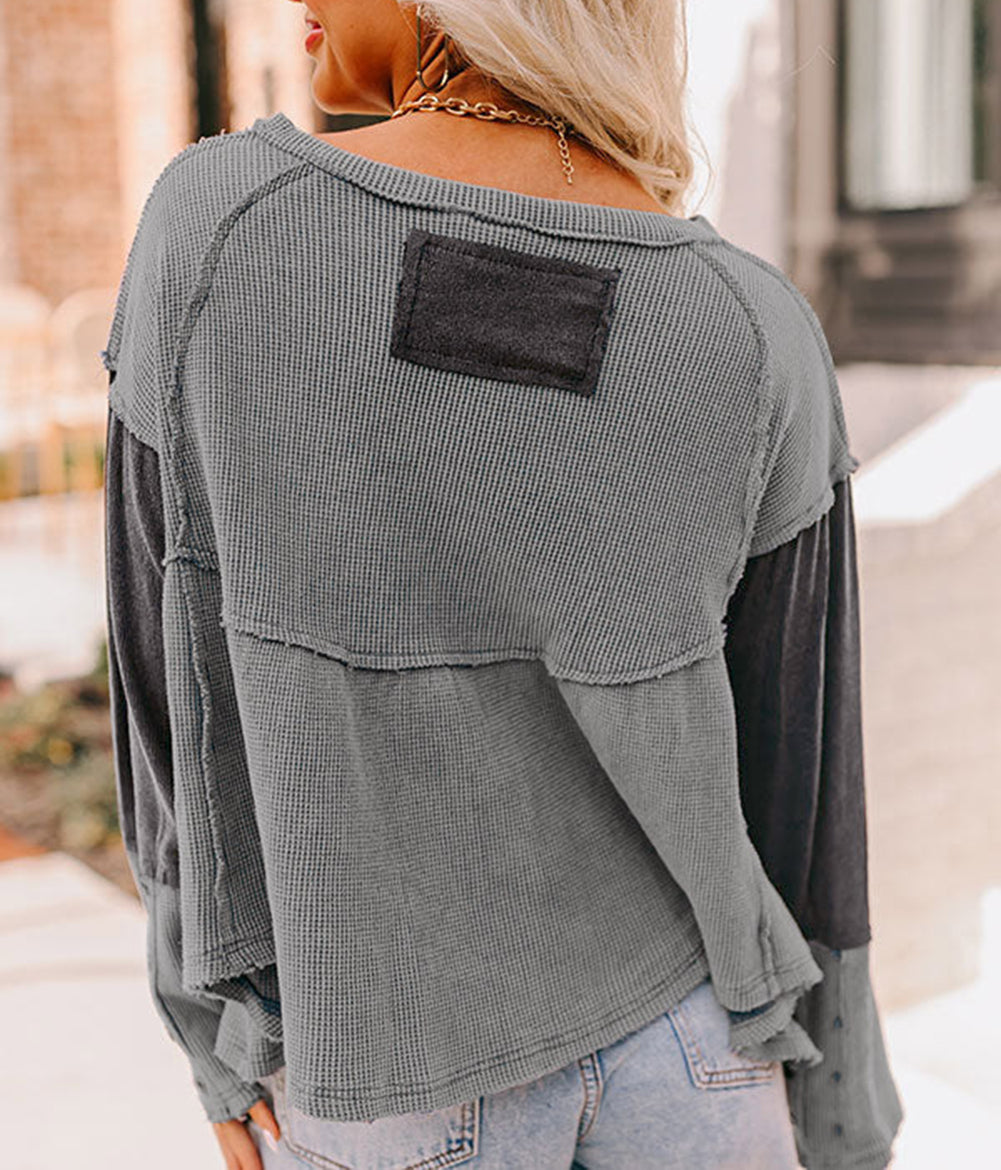 Waffle Knit Button Detail Exposed Seam Flowy Top