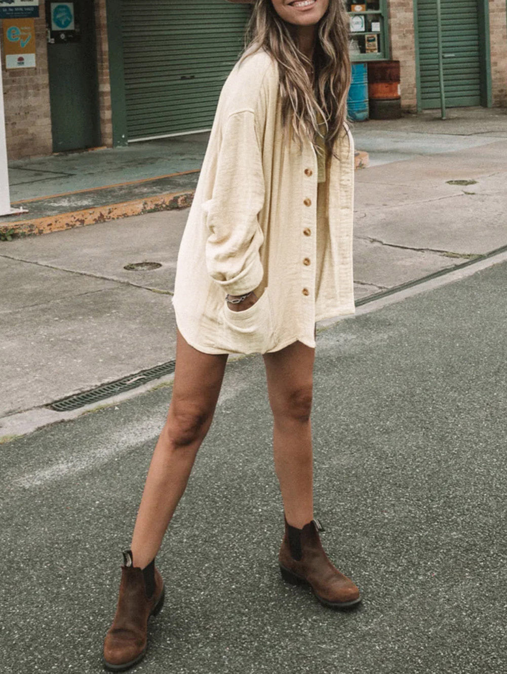 Crinkle Textured Lapel Collar Buttoned Shirt