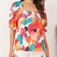 Square Neck Abstract Print Short Sleeve Blouse