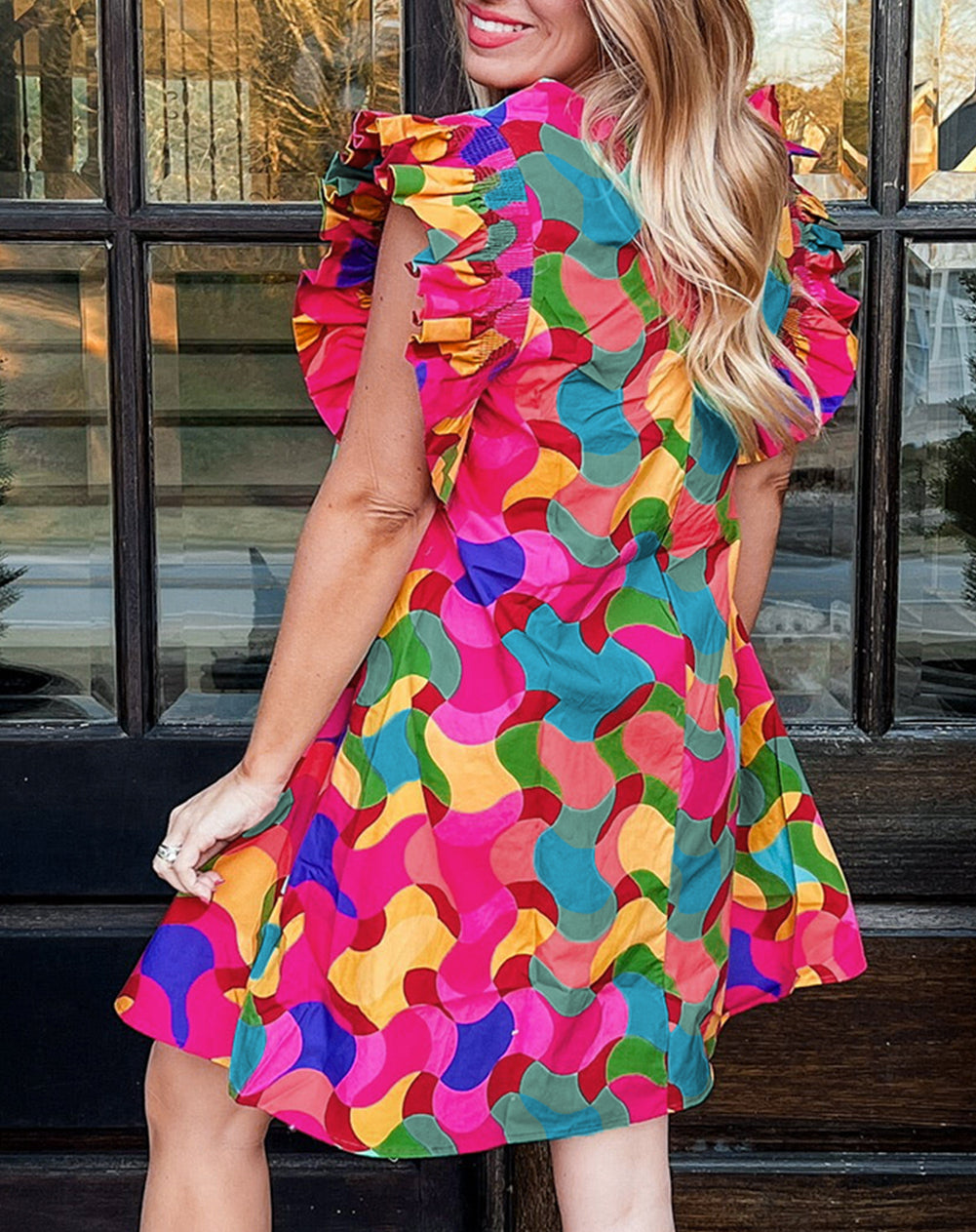Abstract Print Ruffle Sleeve Shift Dress