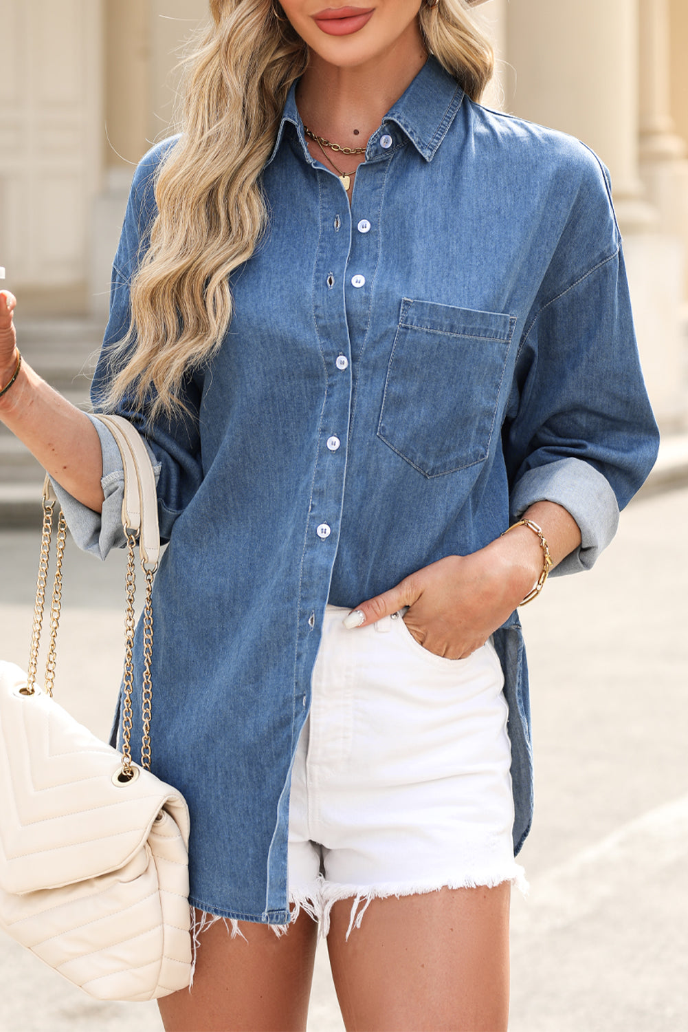 Solid Color Oversized Patched Pocket Buttoned Shirt