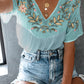 Floral Embroidered V Neck Crinkle Babydoll Blouse