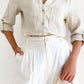 Beige Roll Tab Long Sleeve Relaxed Linen Shirt