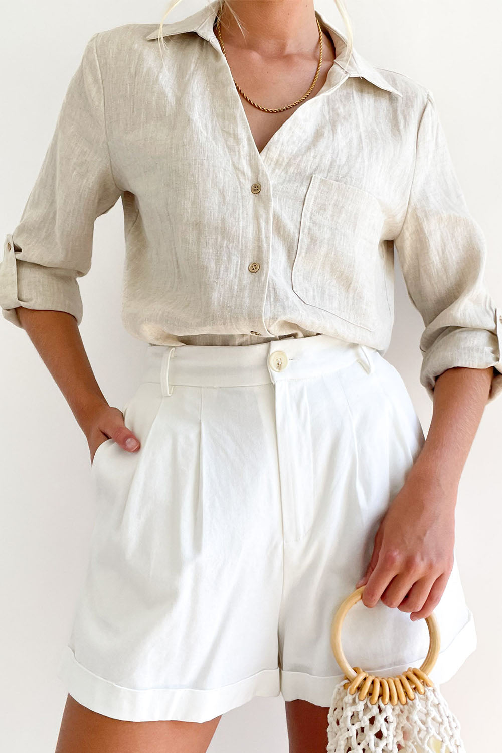 Beige Roll Tab Long Sleeve Relaxed Linen Shirt