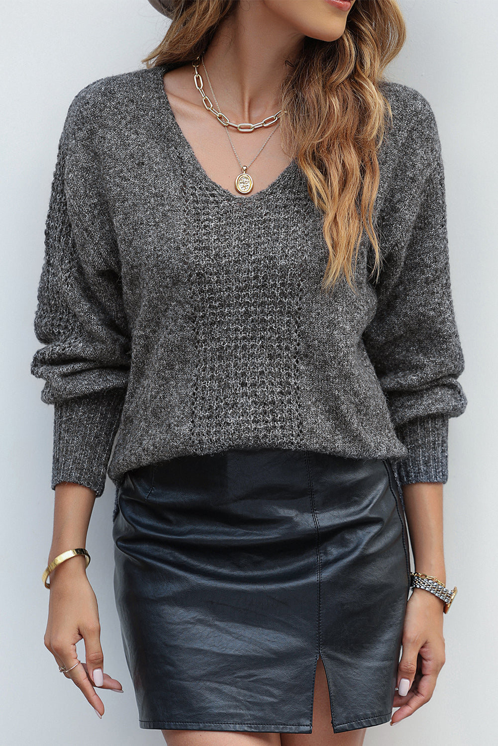 Crochet V Neck Slits Loose Fit Sweater