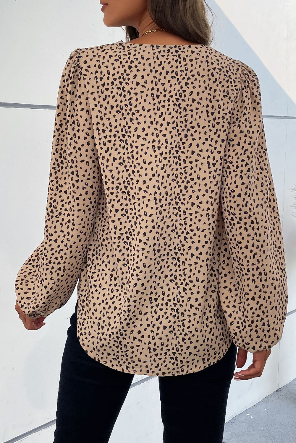 Leopard Print V Neck Puff Sleeve Blouse