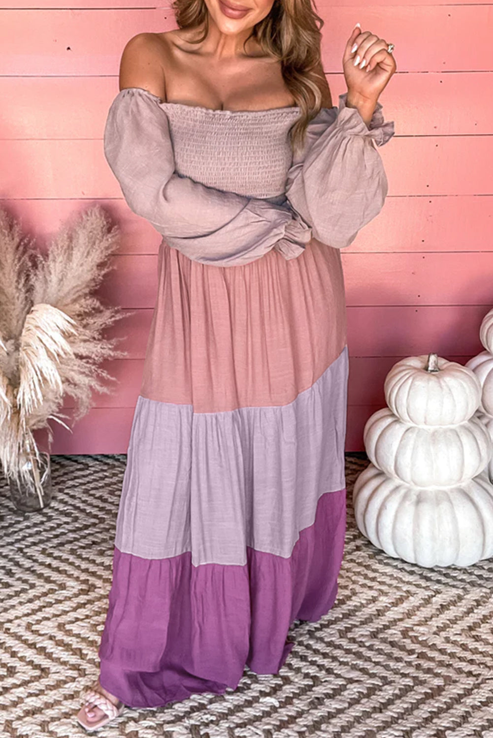 Smocked Bubble Sleeve Colorblock Tiered Maxi Dress