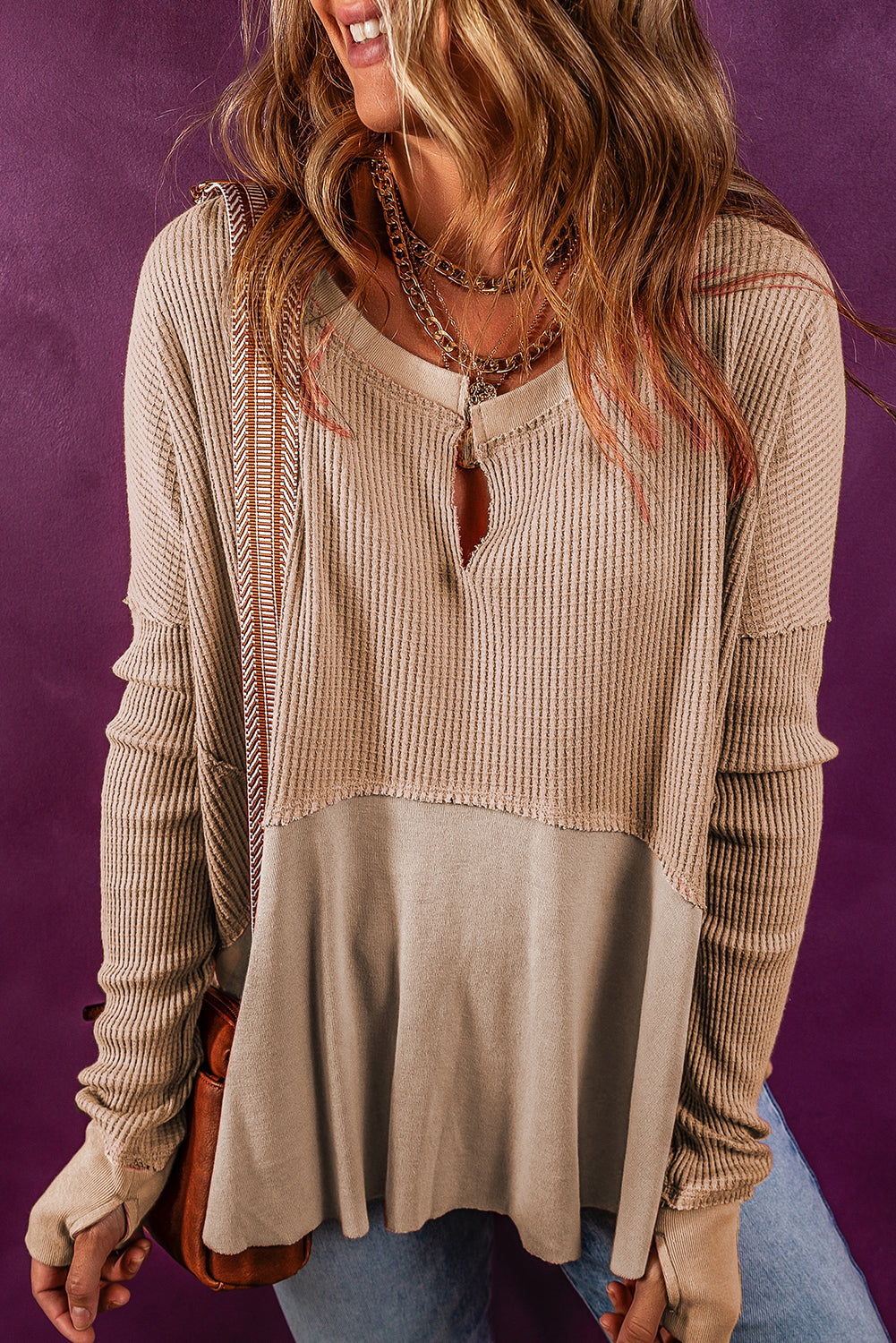 Exposed Seam Slit Neck Waffle Knit Patchwork Top