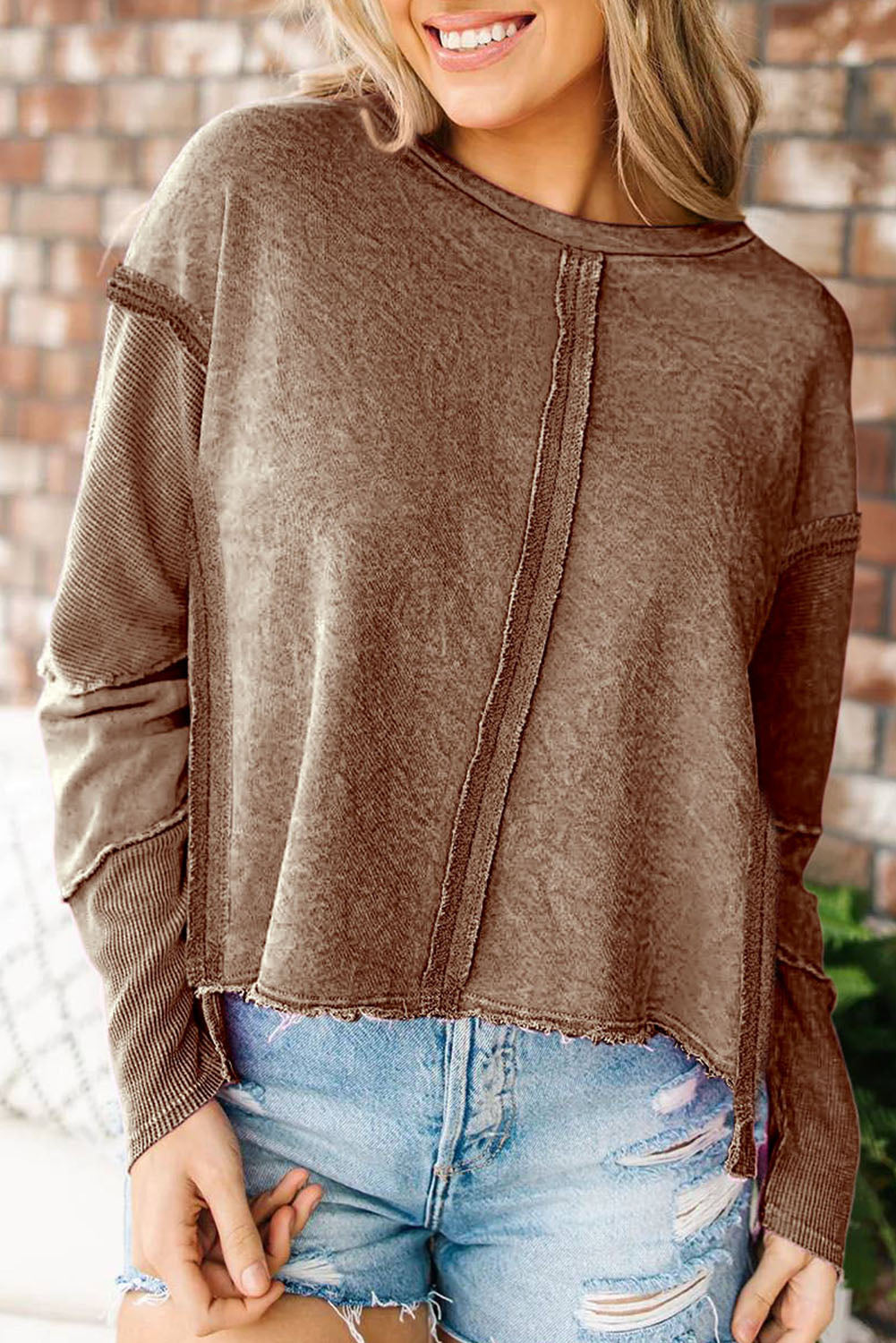 Exposed Seamed High Low Raw Edge Sweatshirt