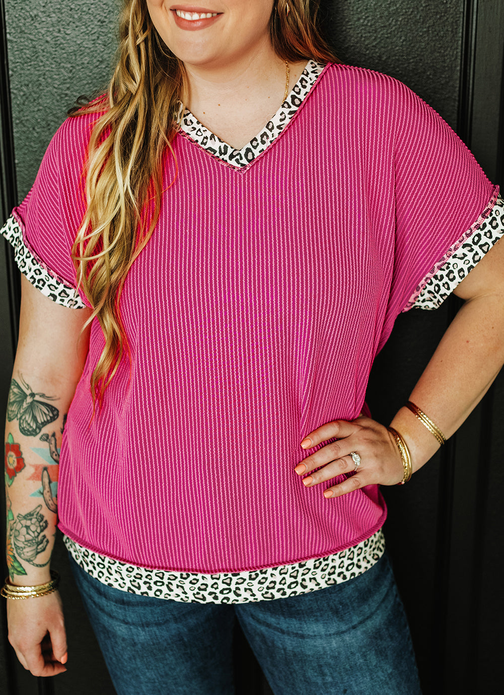 Leopard Trim V Neck Short Sleeve Plus Size Corded Top
