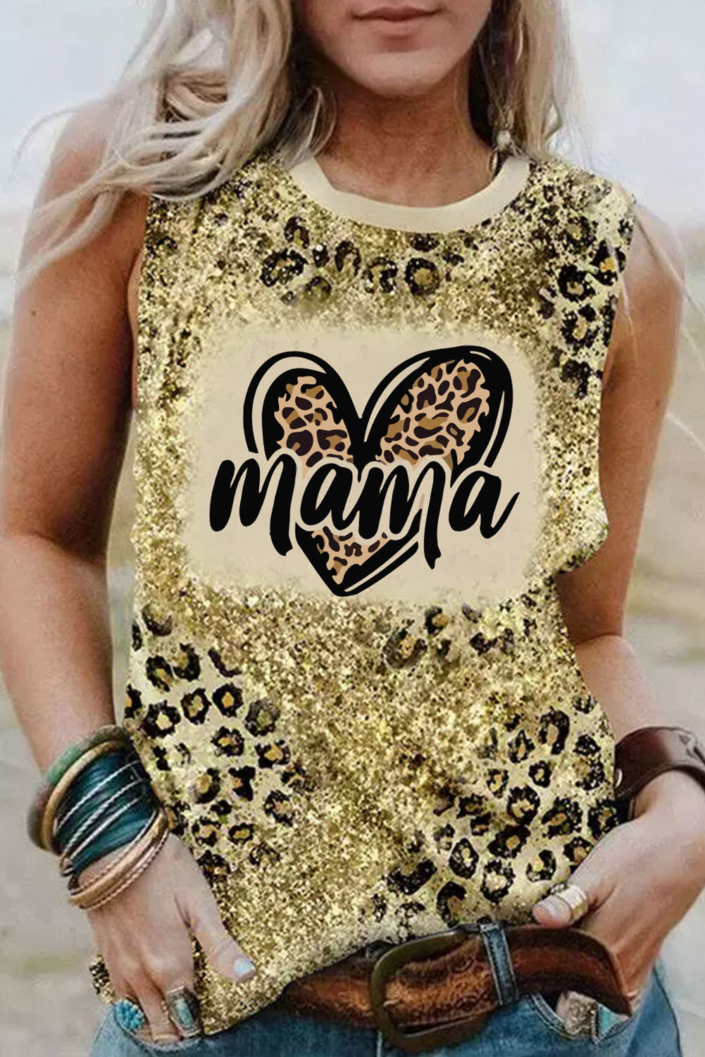 Leopard mama Heart Shaped Print Crew Neck Tank Top