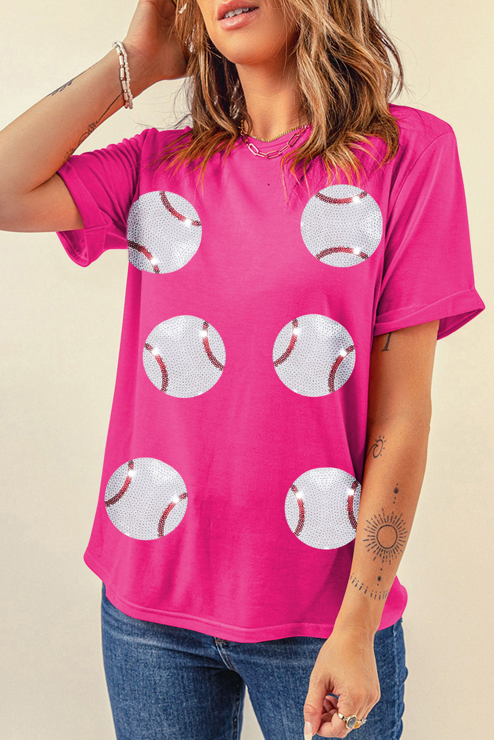 Sequined Baseball Graphic Cotton T Shirt
