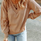 Lace Waffle Patchwork Strappy V Neck Long Sleeve Top
