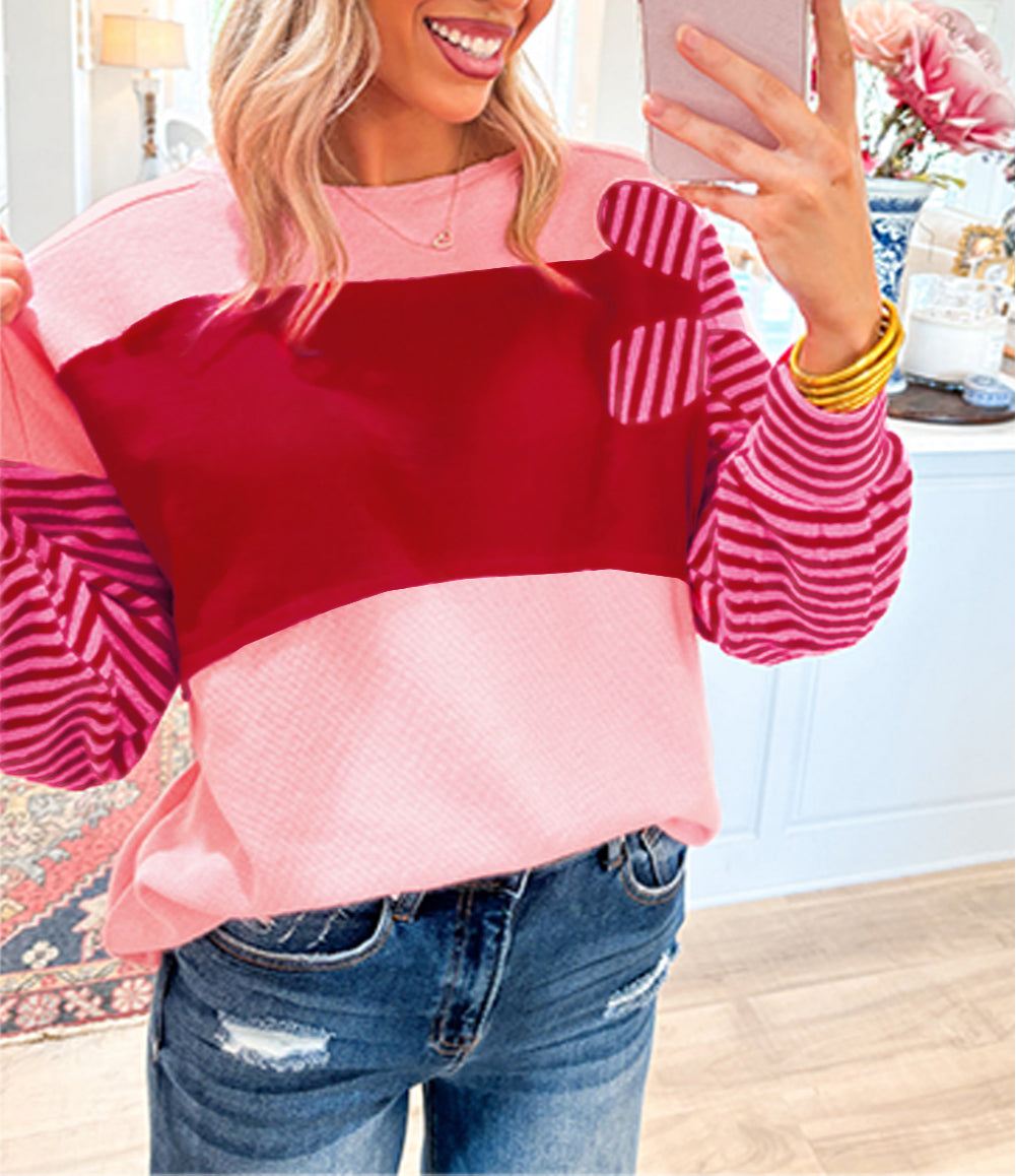 Floral Patch Color Block Striped Sleeve Textured Top