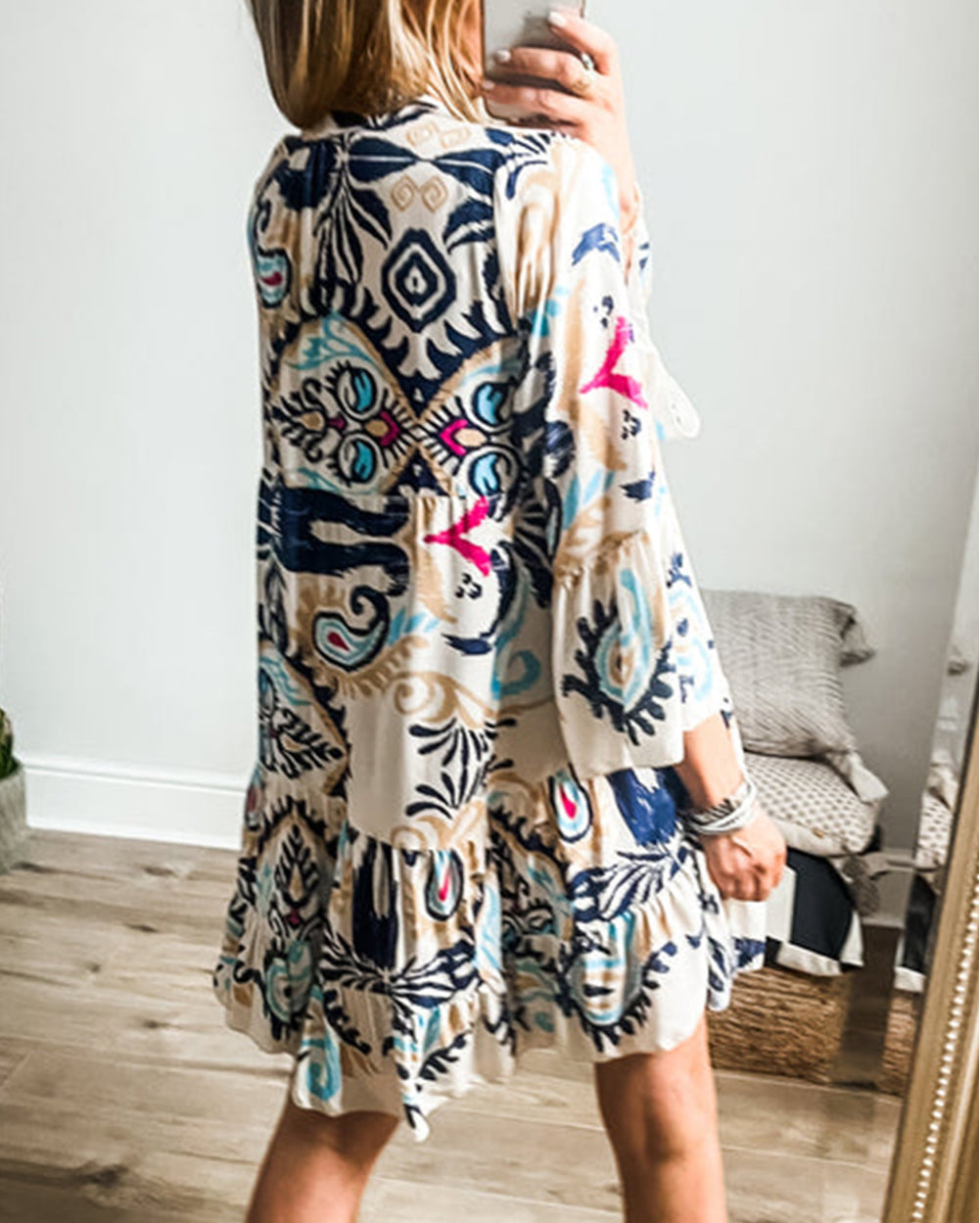 Tribal Bracelet Sleeve Buttoned Mini Dress