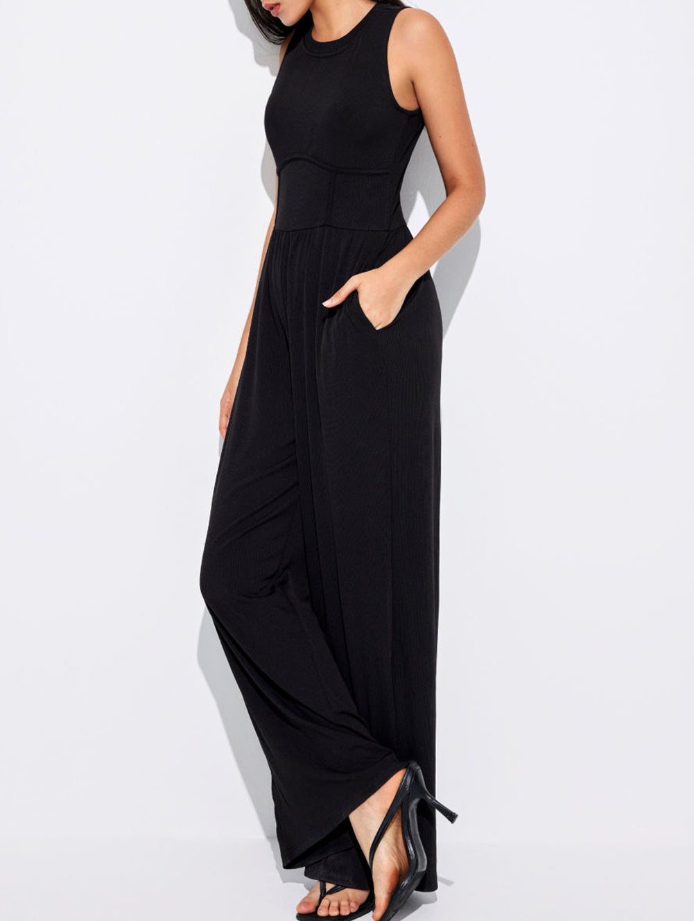 Cinched Waist Sleeveless Wide Leg Jumpsuit
