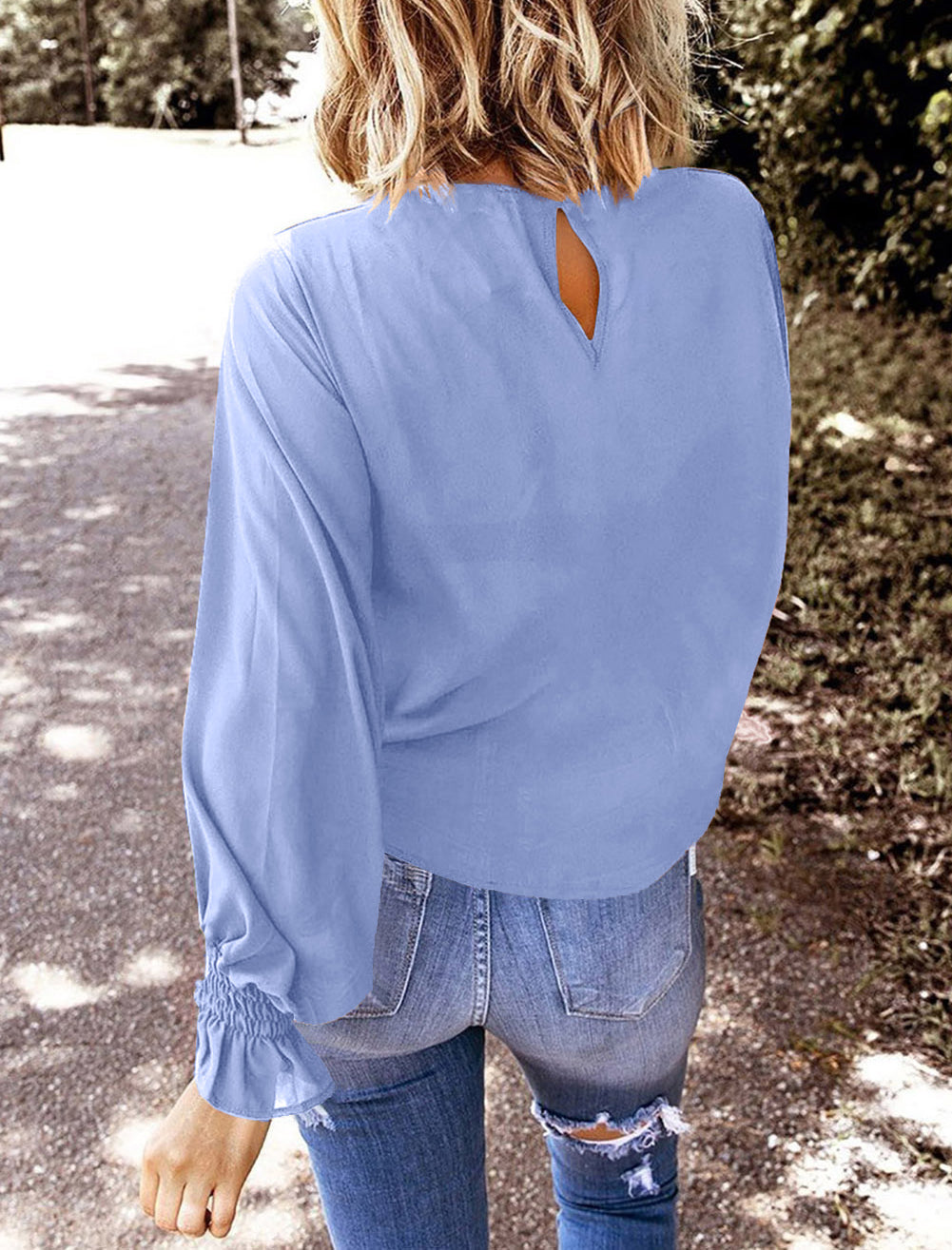 Crew Neck Ruffle Bubble Sleeve Top