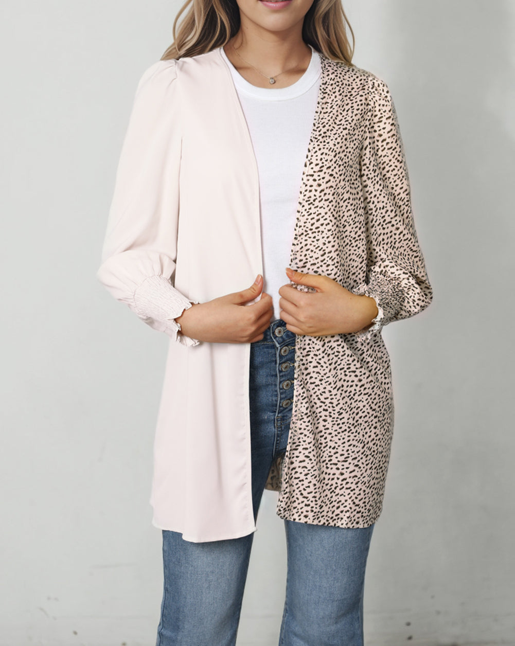 Leopard Patchwork Smocked Cuffs Open Front Cardigans
