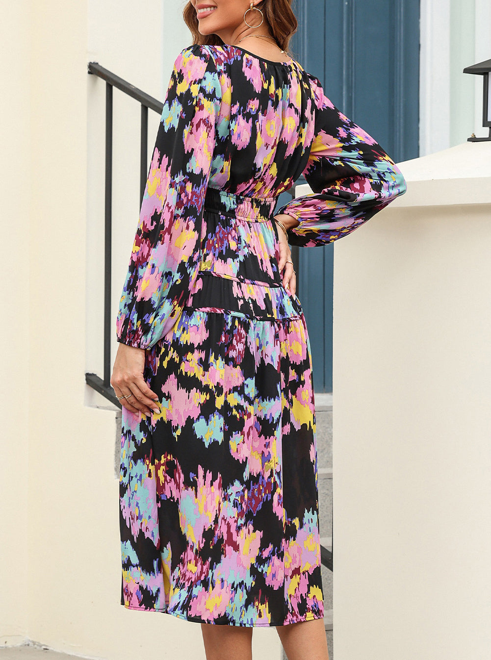 Abstract Print Pleated High Waist Maxi Dress