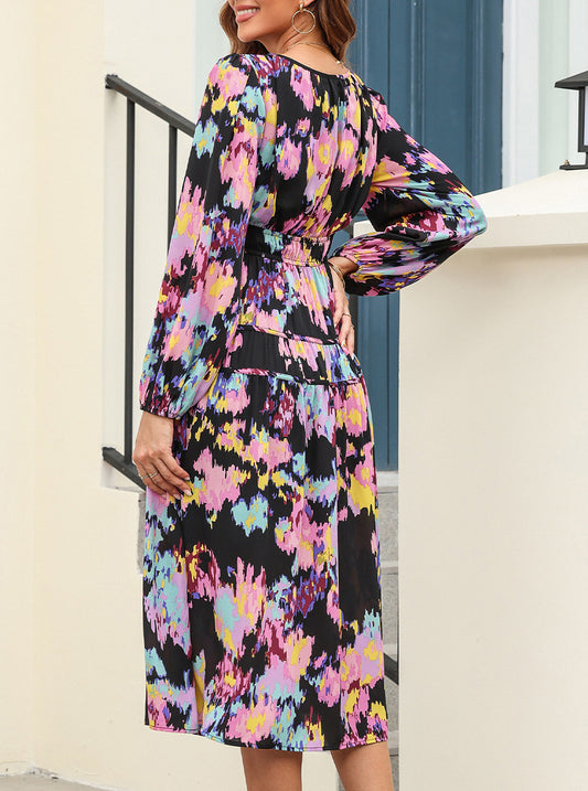 Abstract Print Pleated High Waist Maxi Dress