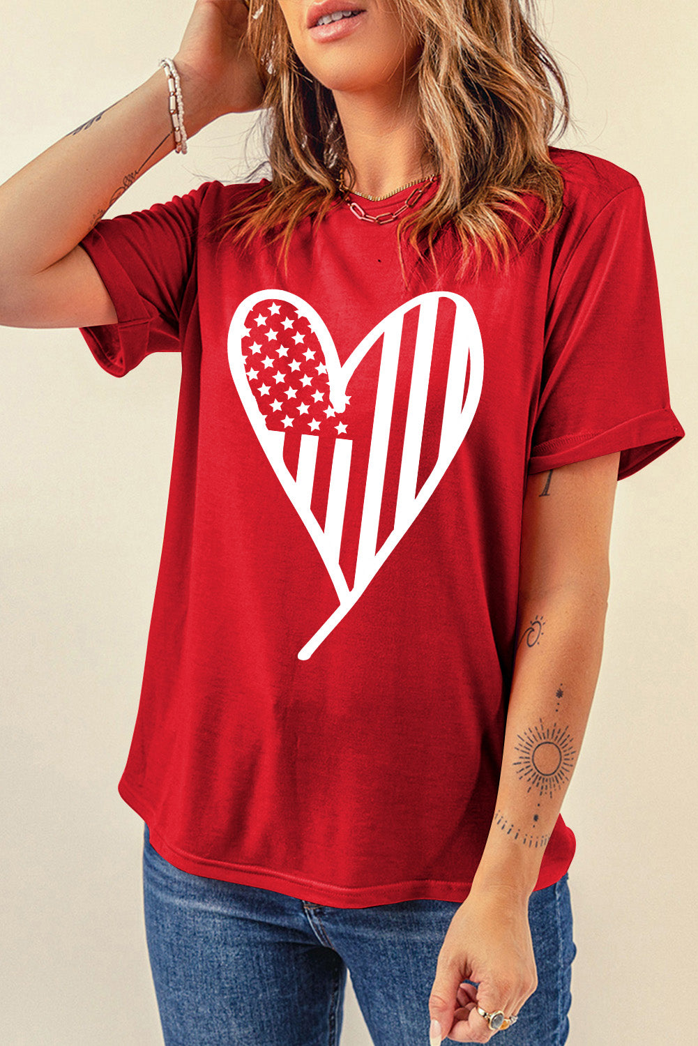 USA Flag Heart Shape Crewneck Graphic T Shirt