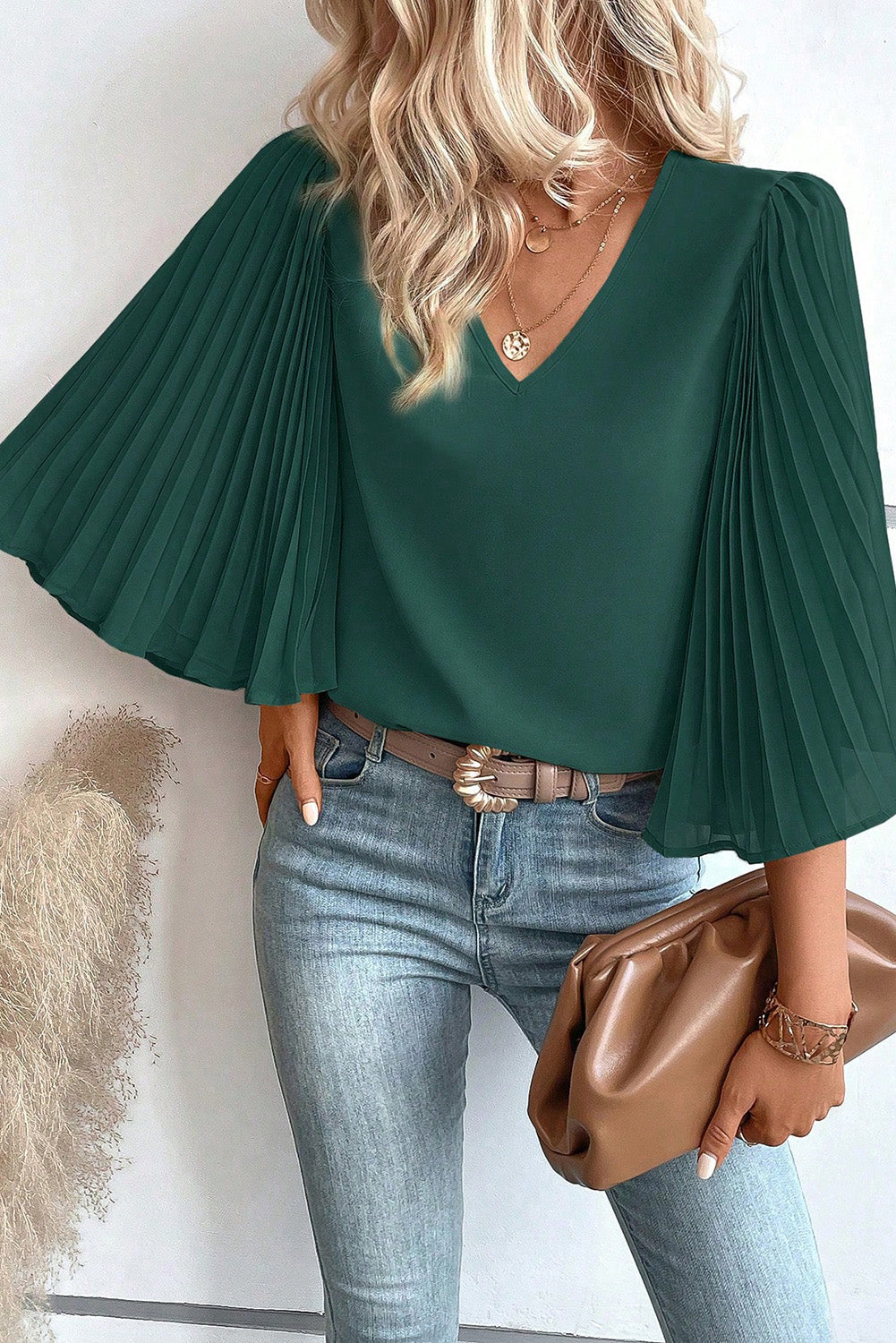 3/4 Pleated Bell Sleeve V Neck Blouse