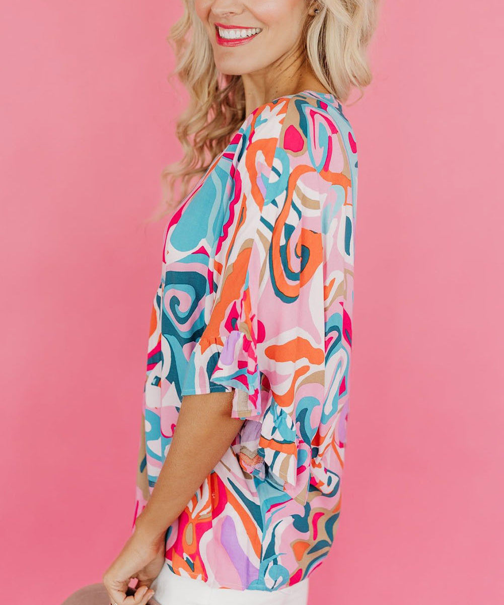 Abstract Print Ruffle V Neck Blouse