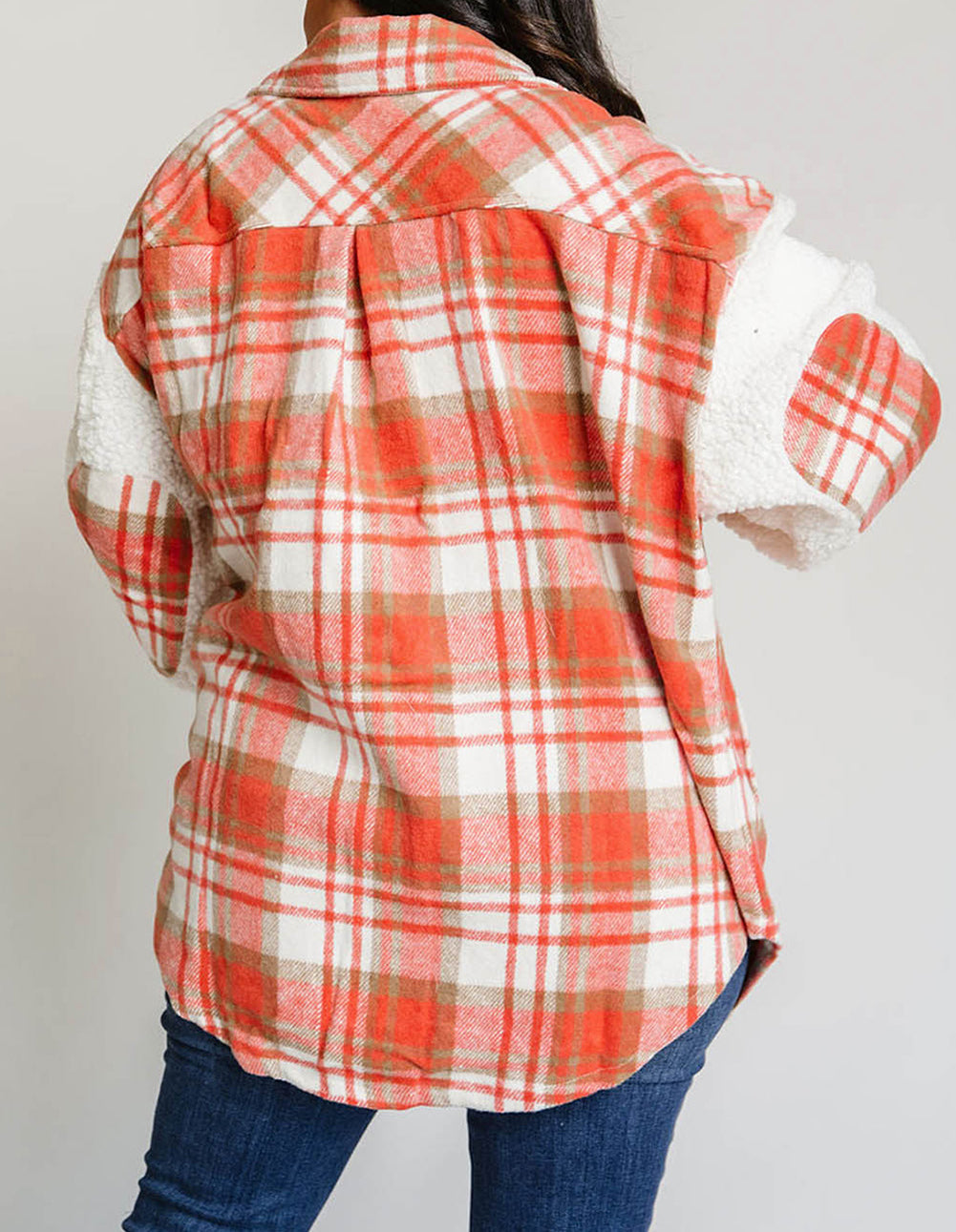 Red Sherpa Sleeve Plaid Print Shacket