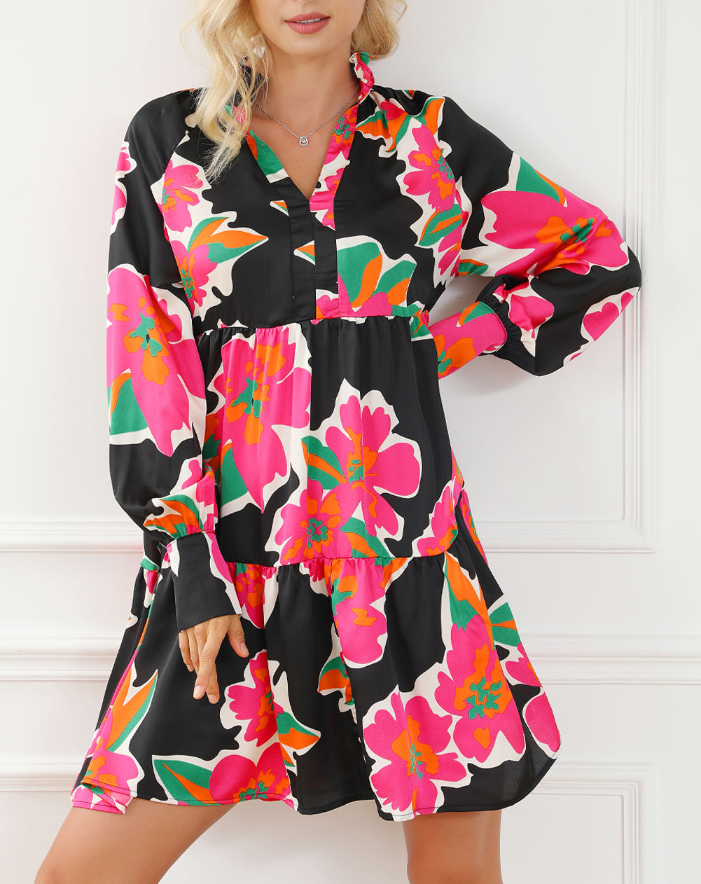 Frill Collar Split Neck Long Sleeve Floral Dress