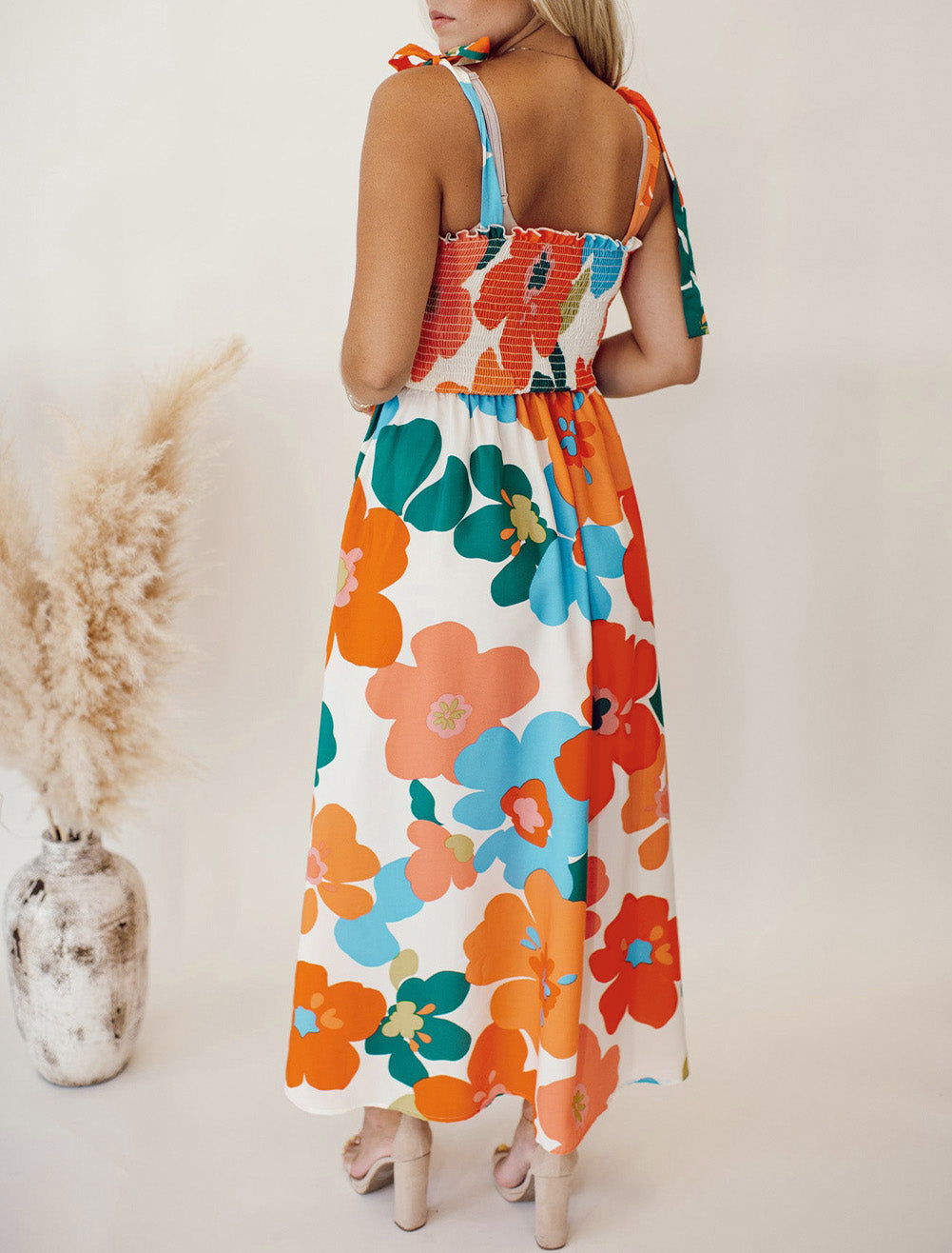 Floral Self Tied Straps Smocked Bust Maxi Dress