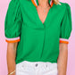 Colorful Trim V Neck Short Sleeve Blouse