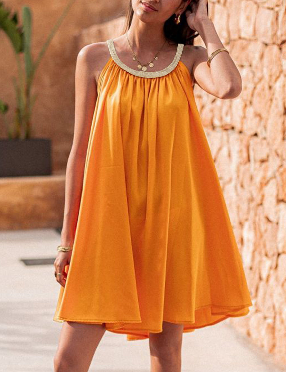 Boho Woven Neckline Sleeveless Babydoll Dress