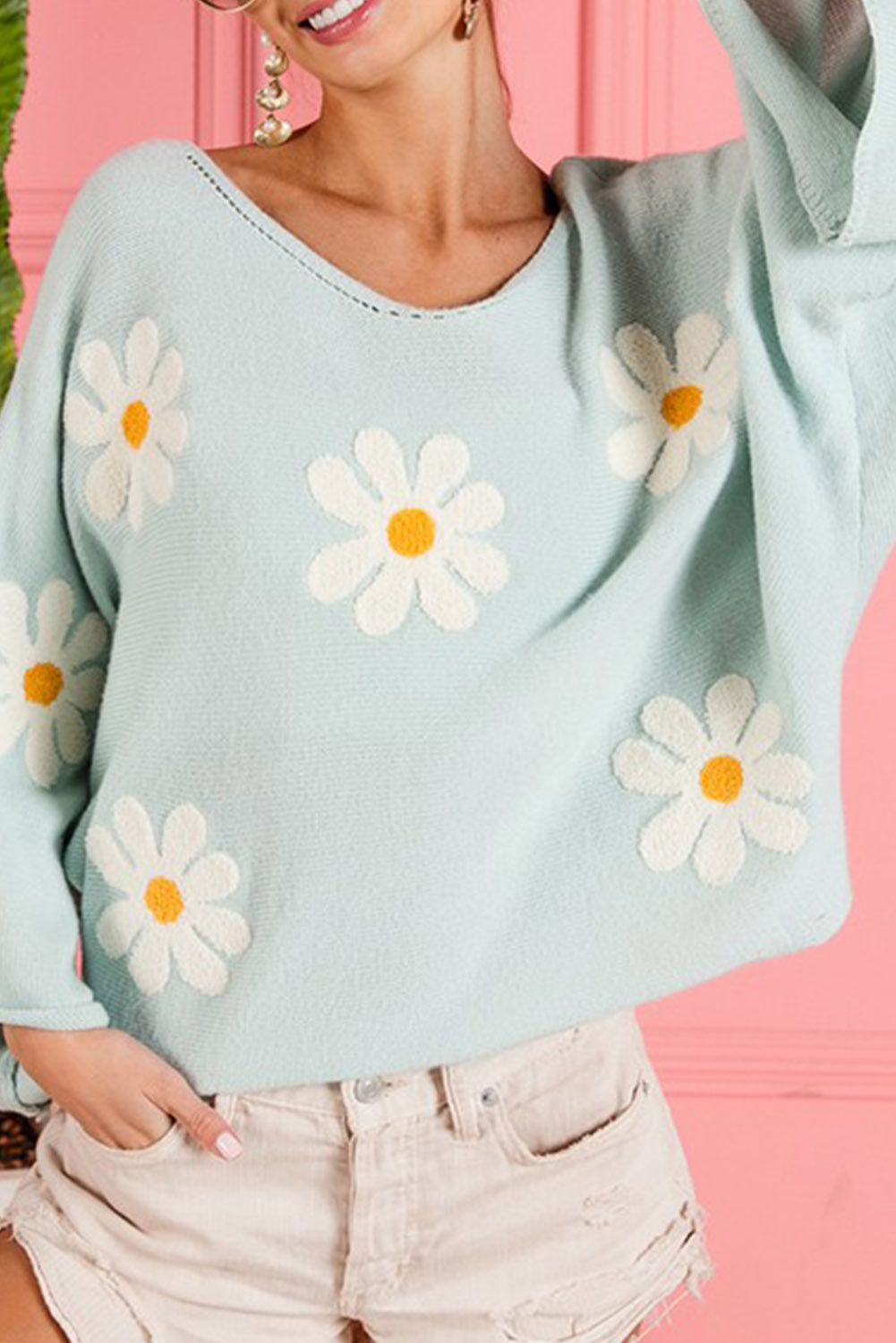 Flower Embroidery Batwing Sleeve Loose Sweater