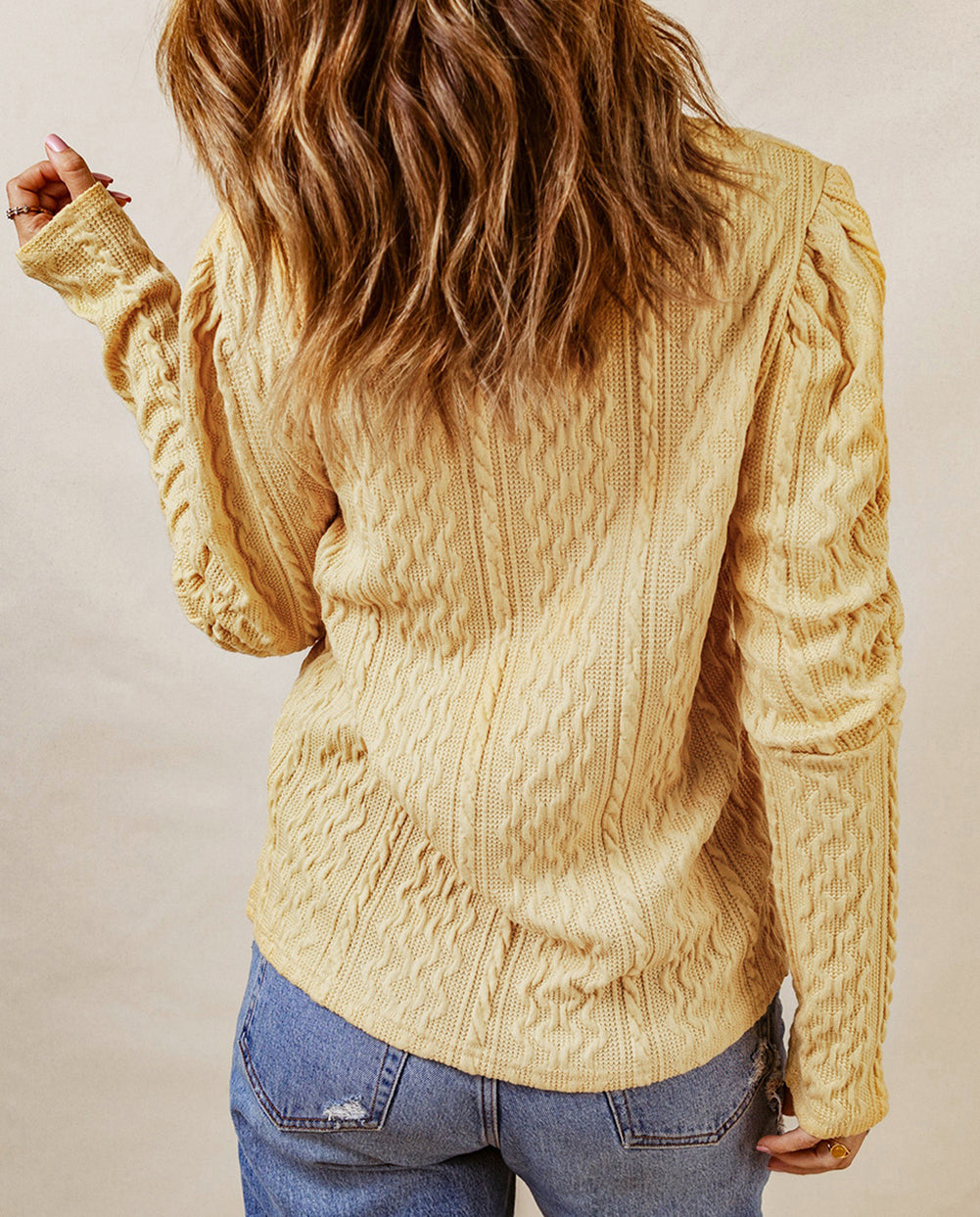 Solid Color Puffy Sleeve Textured Knit Top