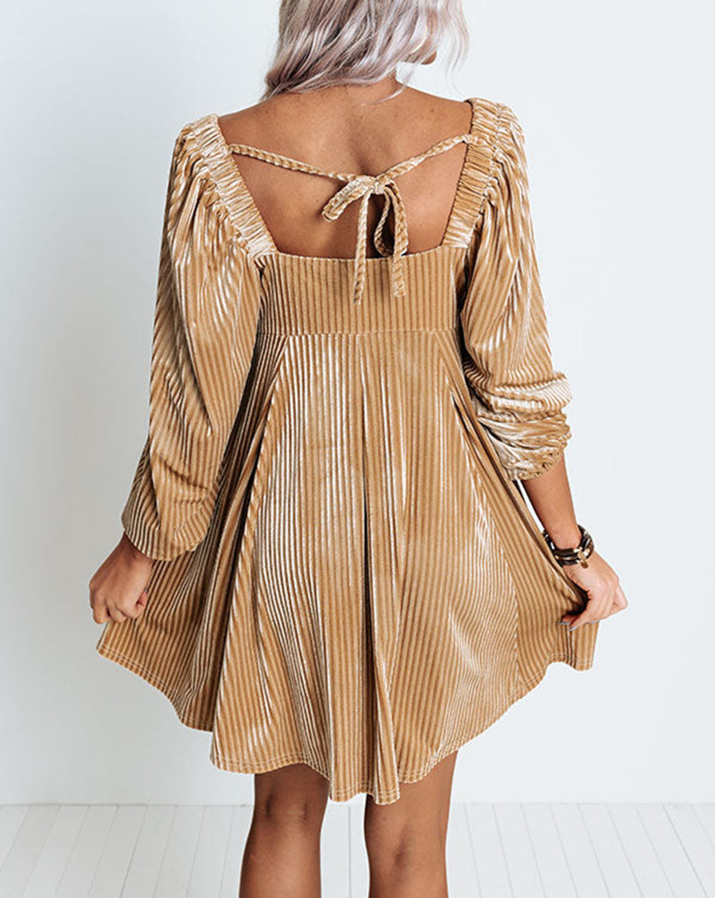 Tie Back Square Neck Velvet Babydoll Dress