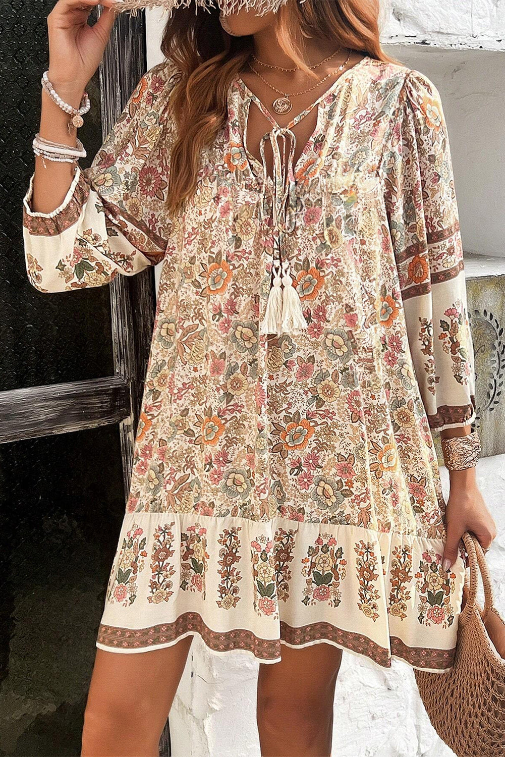 Floral Print Tassel Drawstring V Neck Loose Mini Dress