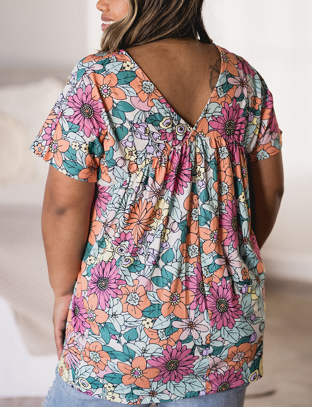 Plus Size Summer Floral Print V Neck Blouse