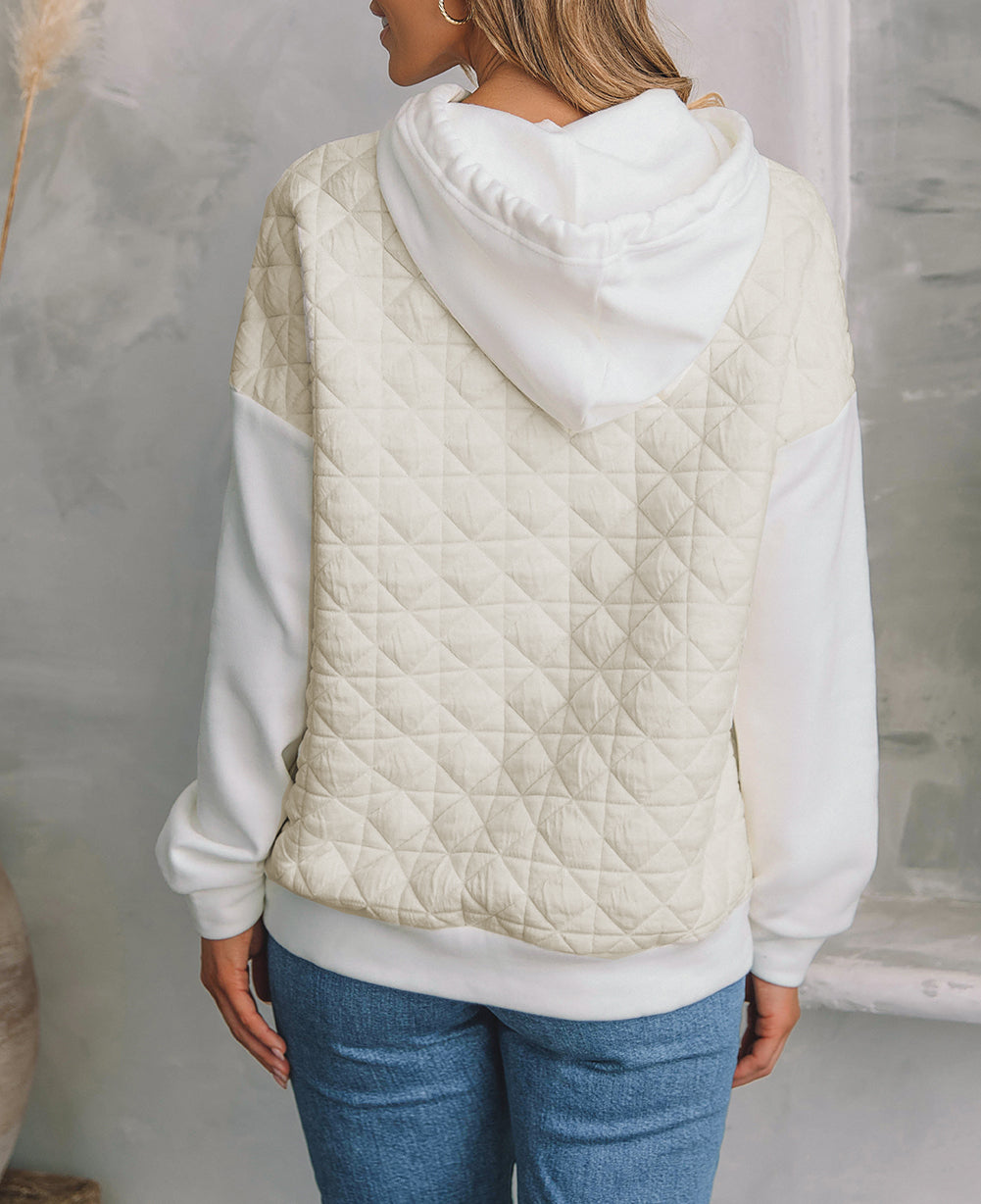 Drop Shoulder Quilted Patchwork Kangaroo Pocket Hoodie