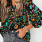 Abstract Print 3/4 Puff Sleeve Ruffle Blouse