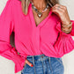 Solid Color Shirred Cuff Notch V Neck Blouse