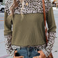 Leopard Print Waffle Knit Patchwork Top