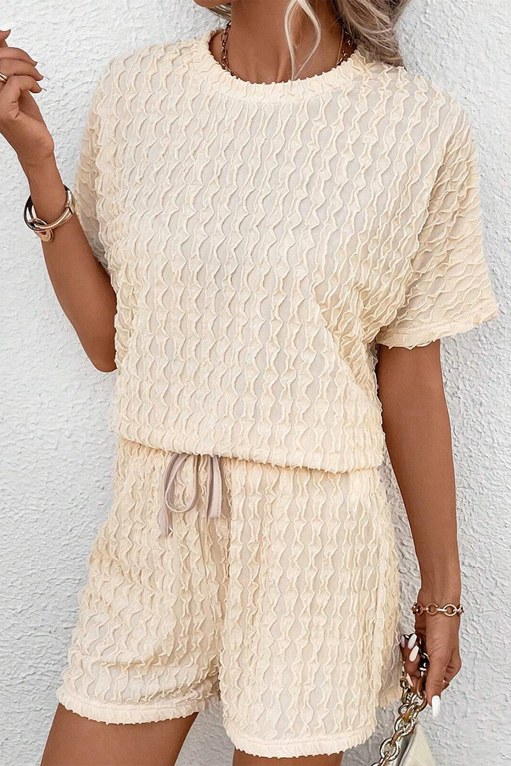 Frill Textured Short Sleeve Top and Drawstring Shorts Set