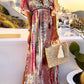Boho Vacation Mixed Print Deep V Maxi Dress