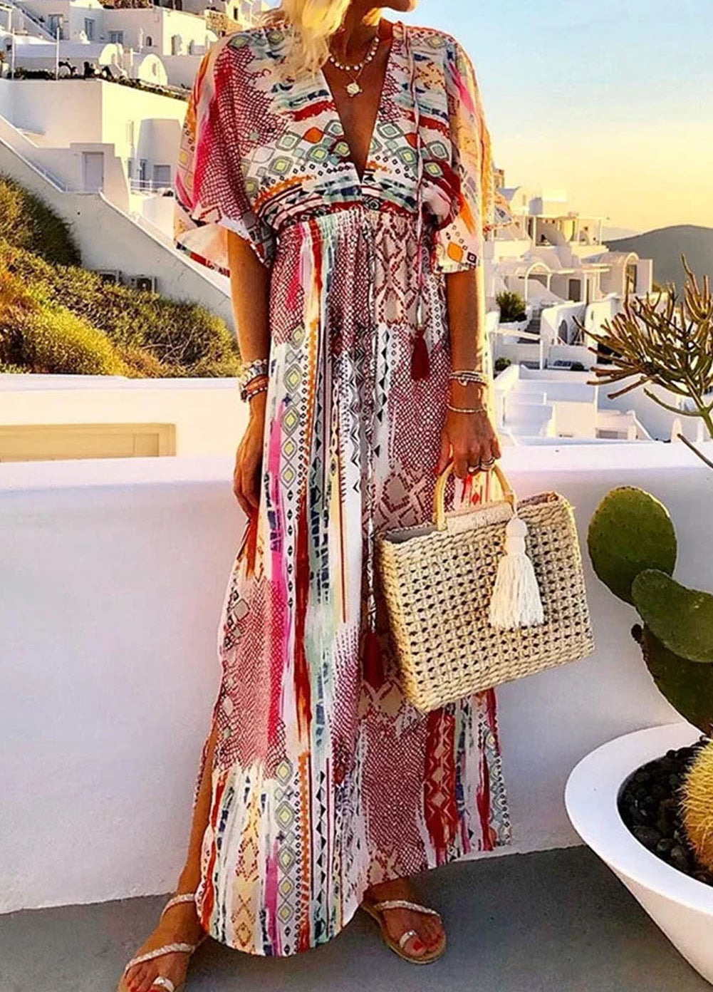 Boho Vacation Mixed Print Deep V Maxi Dress