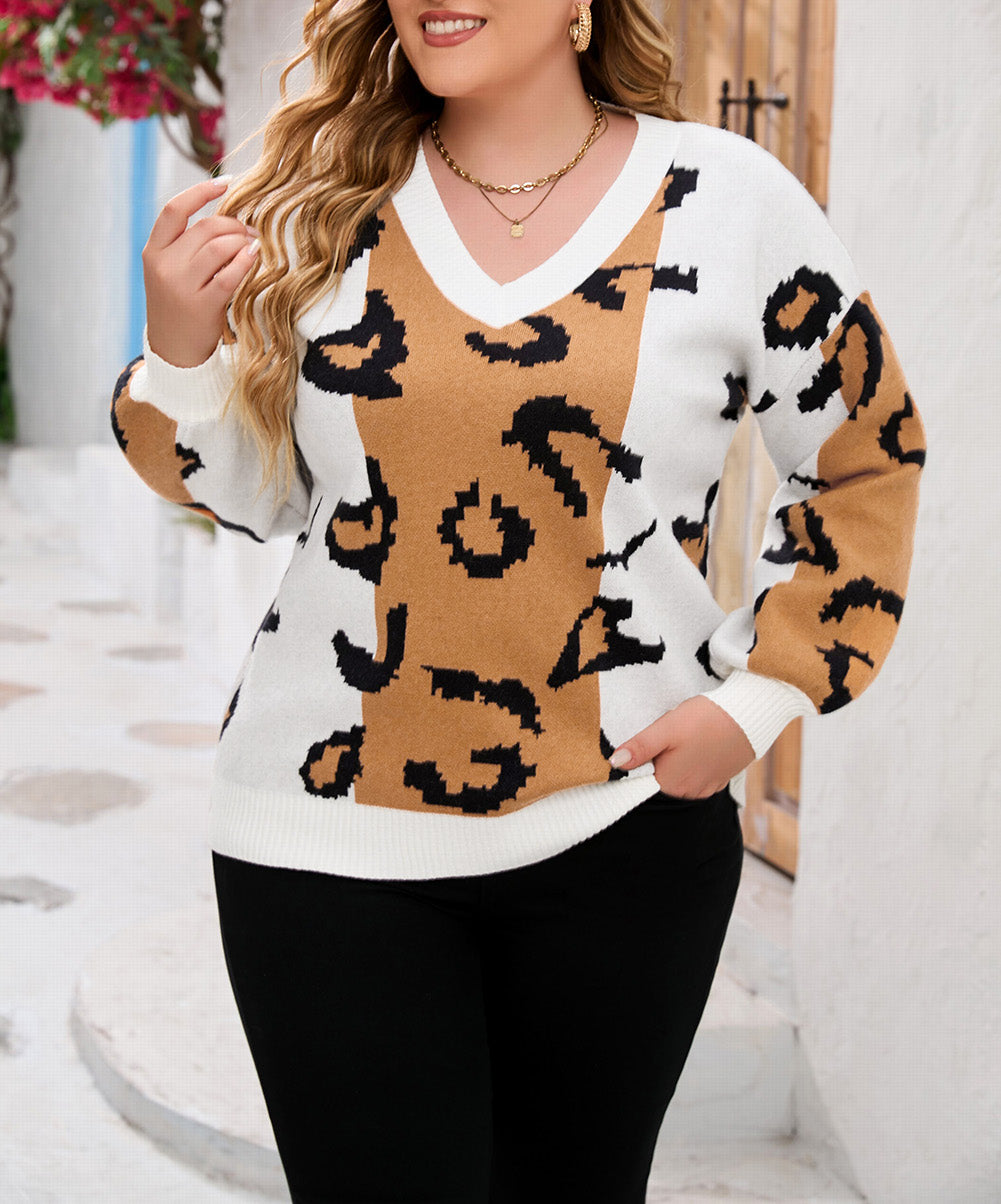 Leopard Print Colorblock Drop Shoulder Plus Size Sweater