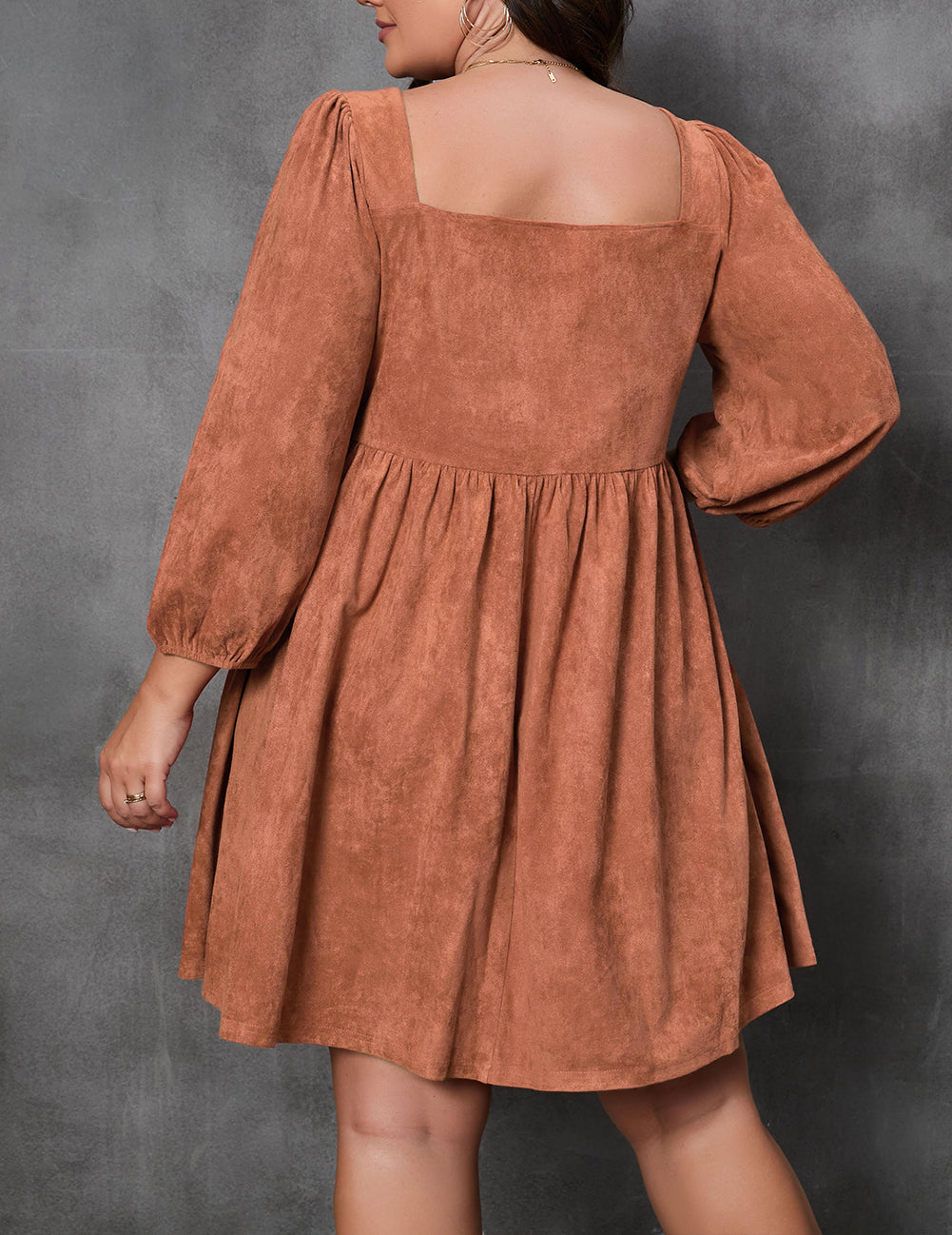 Plus Size Suede Square Neck Balloon Sleeve Dress