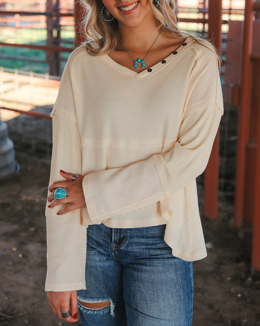 Waffle Knit Button Detail Exposed Seam Flowy Top